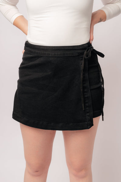 Bentli High Rise Side Tie Judy Blue Denim Skort in Black