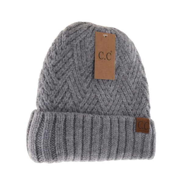 Fuzzy Lined Crisscross Knit CC Beanie Hat