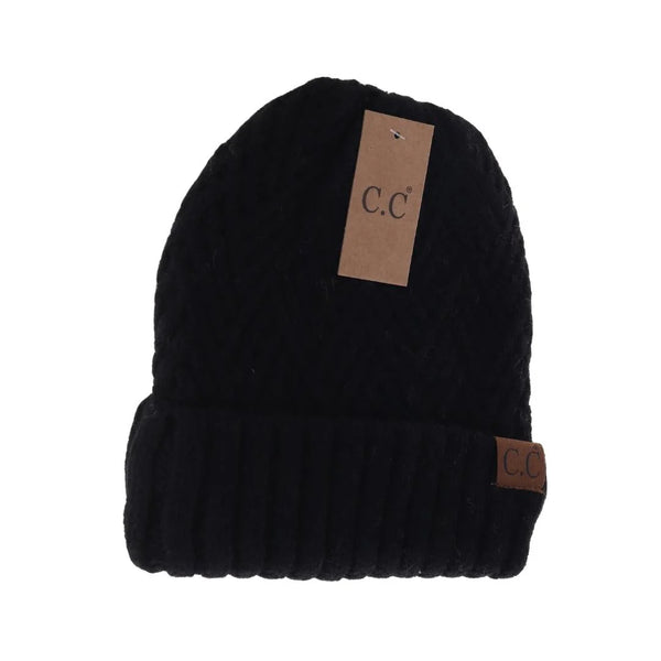 Fuzzy Lined Crisscross Knit CC Beanie Hat