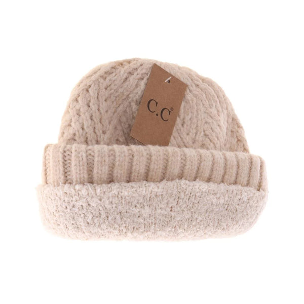 Fuzzy Lined Crisscross Knit CC Beanie Hat