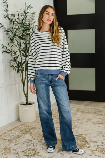 Cute in Comfort Crew Neck Pullover in White, Black and Denim