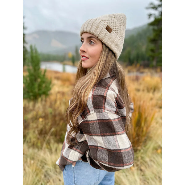 Fuzzy Lined Crisscross Knit CC Beanie Hat