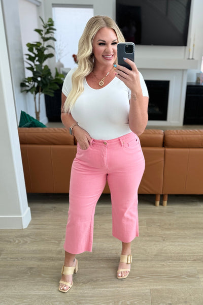 Lisa High Rise Control Top Wide Leg Judy Blue  Crop Jeans in Pink