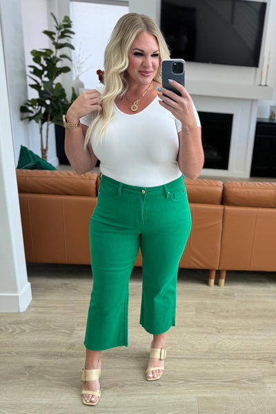 Lisa High Rise Control Top Wide Leg Judy Blue Crop Jeans in Kelly Green