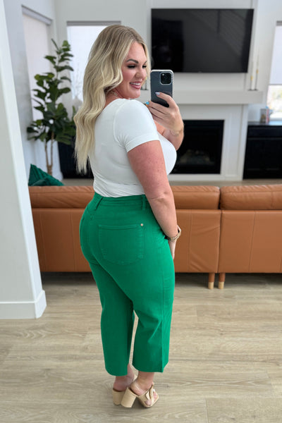 Lisa High Rise Control Top Wide Leg Judy Blue Crop Jeans in Kelly Green