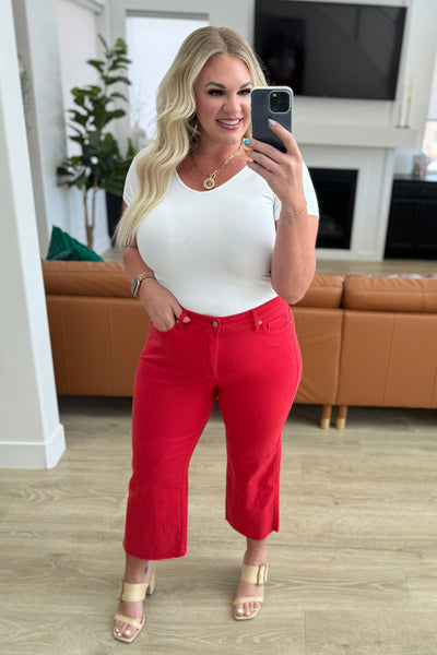 Lisa High Rise Control Top Wide Leg Judy Blue Crop Jeans in Red