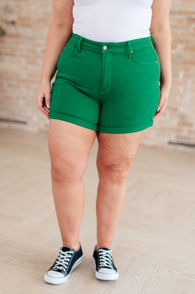 Jenna High Rise Judy Blue Control Top Cuffed Shorts in Green