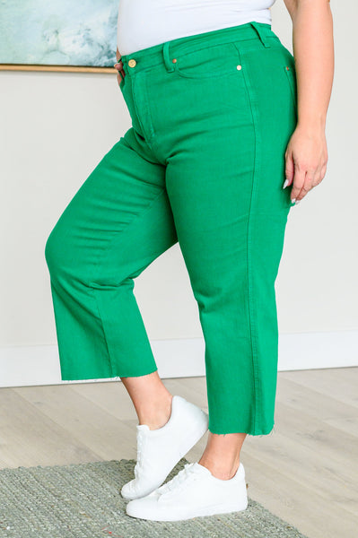 Lisa High Rise Control Top Wide Leg Judy Blue Crop Jeans in Kelly Green