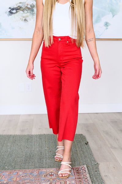 Lisa High Rise Control Top Wide Leg Judy Blue Crop Jeans in Red