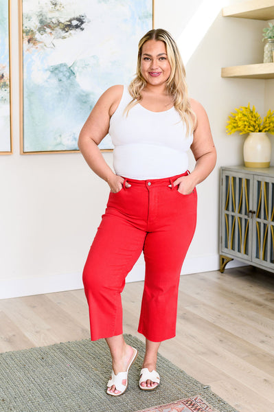 Lisa High Rise Control Top Wide Leg Judy Blue Crop Jeans in Red