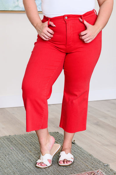 Lisa High Rise Control Top Wide Leg Judy Blue Crop Jeans in Red