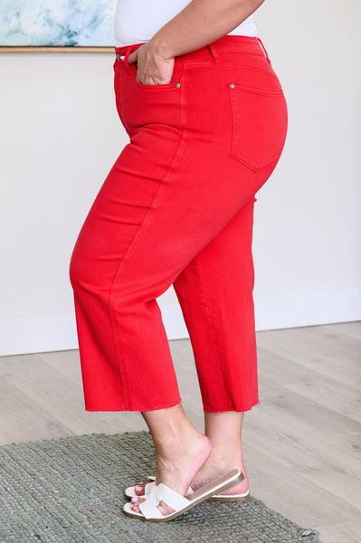 Lisa High Rise Control Top Wide Leg Judy Blue Crop Jeans in Red