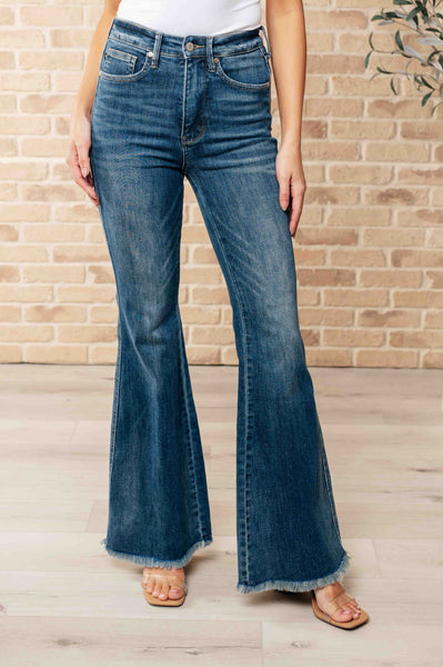 Miley High Waist Control Top Frayed Hem Flare Judy Blue Jeans