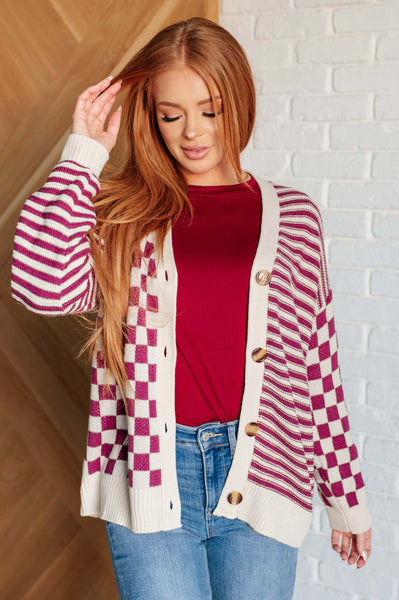 No Brainer Button Down Sweater Knit Cardigan in Magenta/Oatmeal