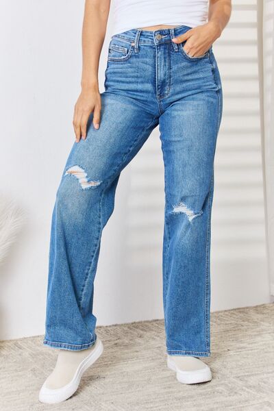 Thelma Judy Blue High Waist Distressed Straight-Leg Jeans