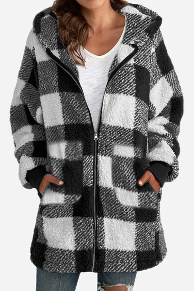 Plush In Plaid Long Sleeve Hooded Zip Up