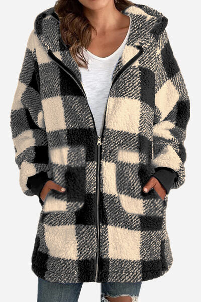 Plush In Plaid Long Sleeve Hooded Zip Up