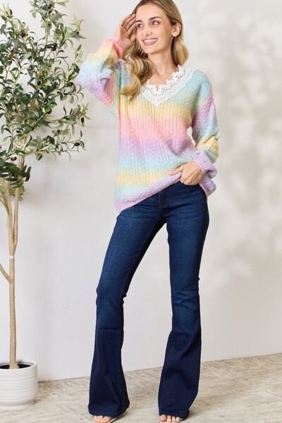 Rainbow Gradient Crochet Deetail Sweater