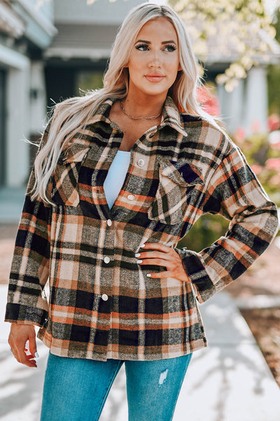 Plaid Button Front Shirt Jacket with Pockets