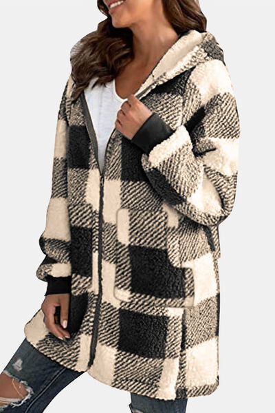 Plush In Plaid Long Sleeve Hooded Zip Up