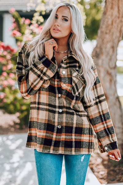 Plaid Button Front Shirt Jacket with Pockets