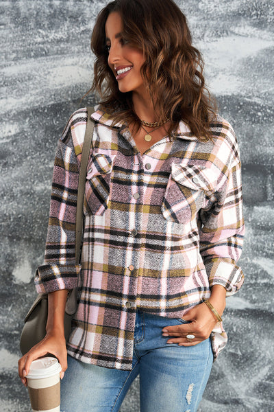 Plaid Button Front Shirt Jacket with Pockets