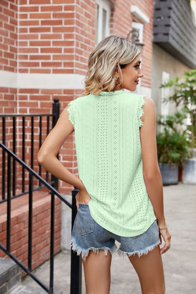 Eyelet Lace Trim Eyelash V-Neck Tank- Multiple Colors