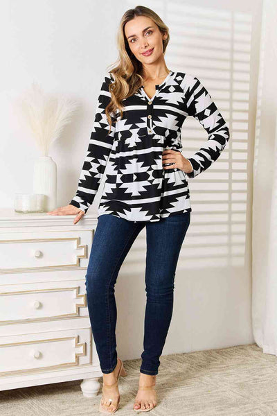 Geometric Notched Neck Long Sleeve Top